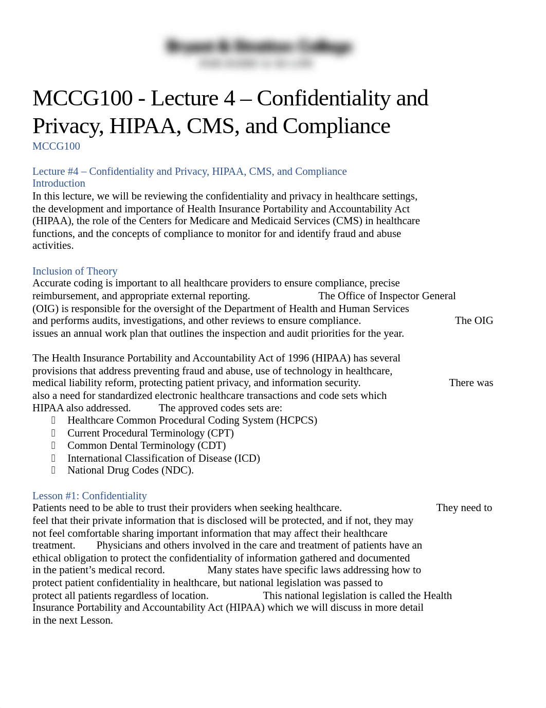 MCCG100 - Lecture 4 - Confidentiality and Privacy, HIPAA, CMS, and Compliance (3).docx_dncq0shjbiq_page1