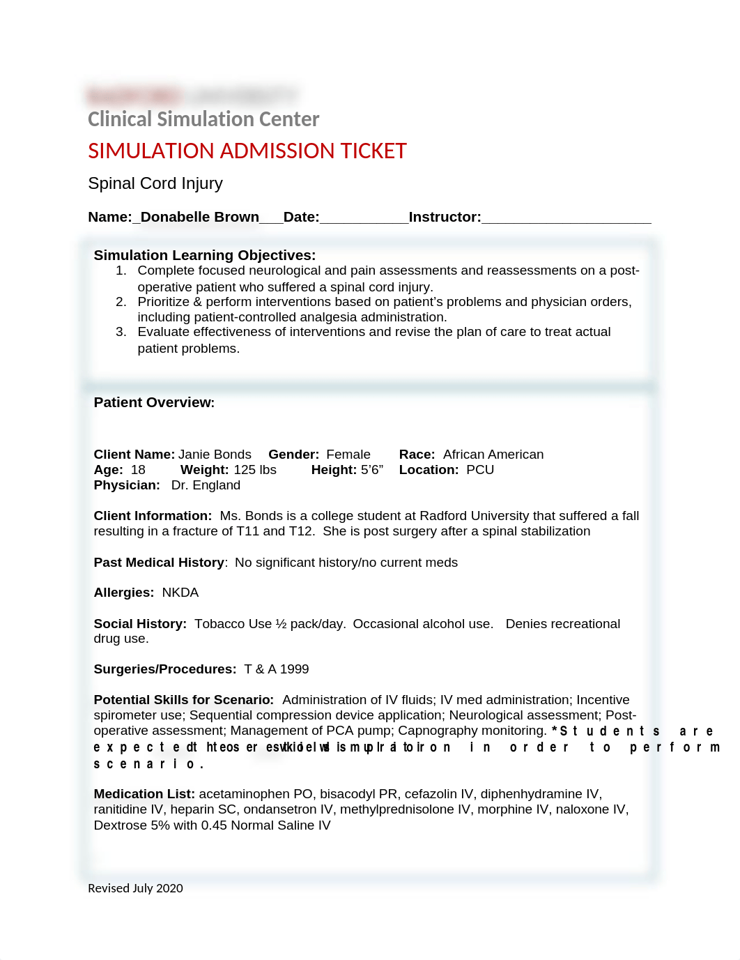 SIMULATION ADMISSION TICKET Spinal Cord Injury 2020.doc_dnd498ant9l_page1