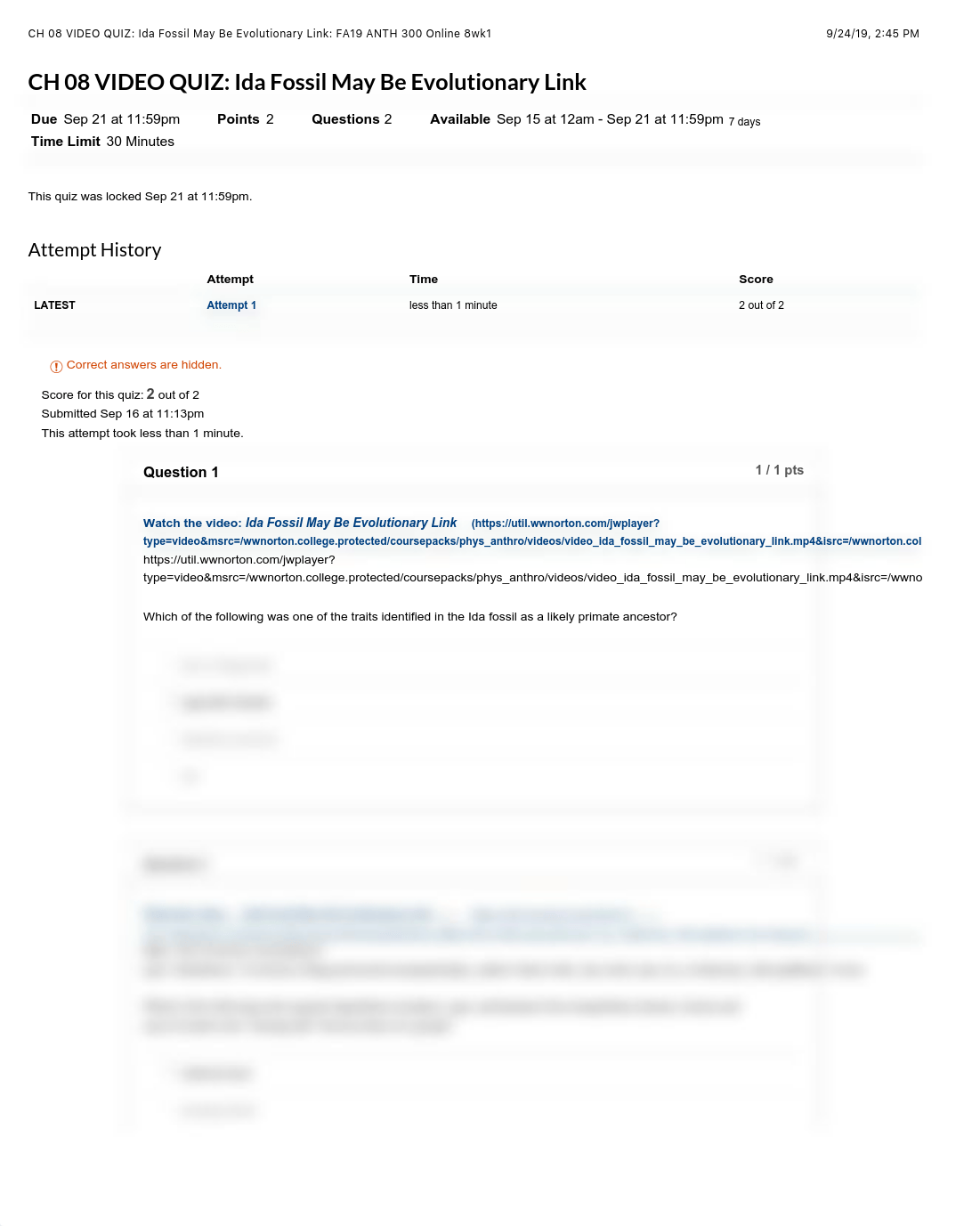 CH 08 VIDEO QUIZ_ Ida Fossil May Be Evolutionary Link_ FA19 ANTH 300 Online 8wk1.pdf_dnf0eux1d40_page1