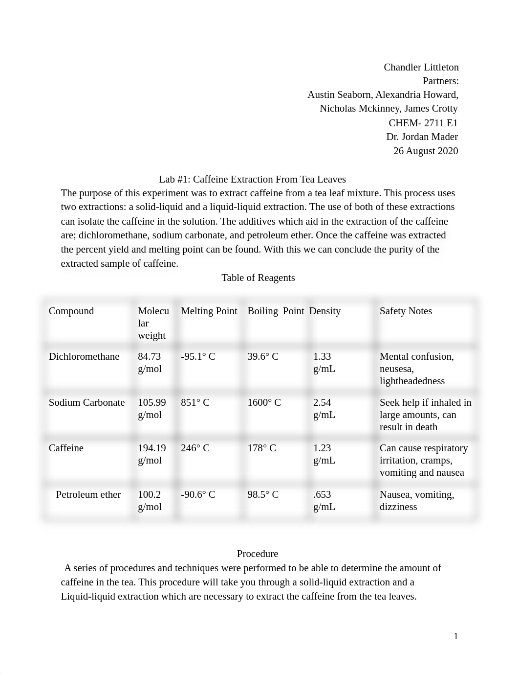 Organic Lab II Caffeine extraction Lab report .pdf_dnie7vsleqf_page1