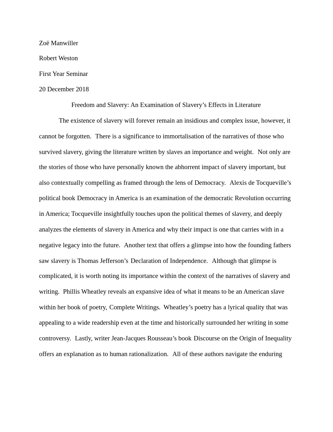 Freedom and Slavery FYSEM Essay #3.pdf_dniyzohymcz_page1