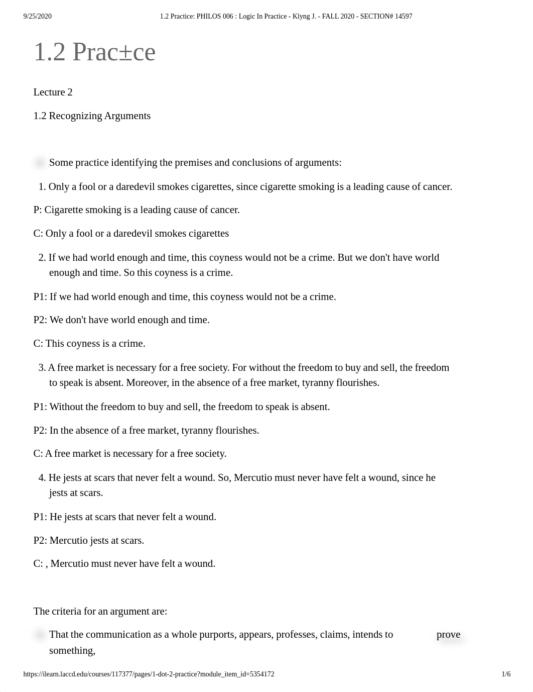 1.2 Practice_ PHILOS 006 _ Logic In Practice - Klyng J. - FALL 2020 - SECTION# 14597.pdf_dnmt6tm3cc9_page1