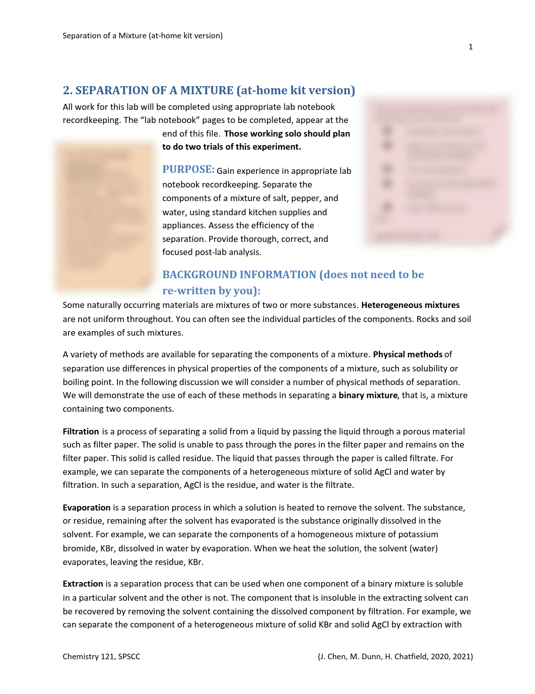 LAB 2 pre-lab, actual experimental data, and experimental observations_ SEPARATION OF A MIXTURE.pdf_dnomeqjj2fr_page1