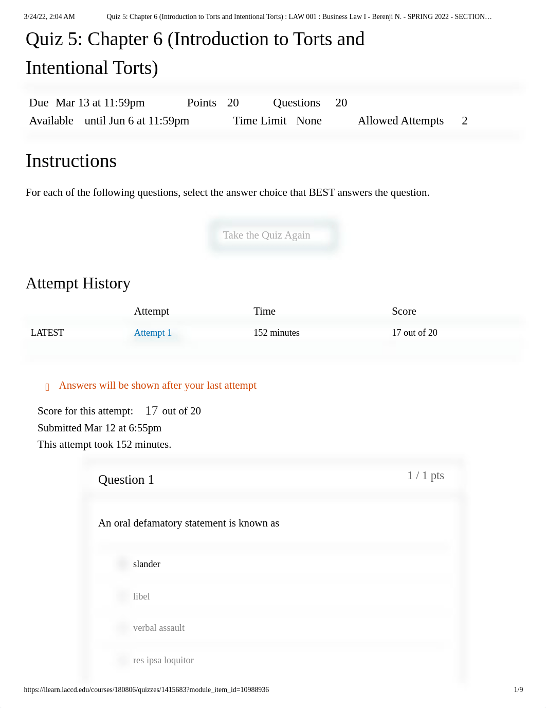 Quiz 5_ Chapter 6 (Introduction to Torts and Intentional Torts) _ LAW 001 _ Business Law I - Berenji_dns49x6axs7_page1