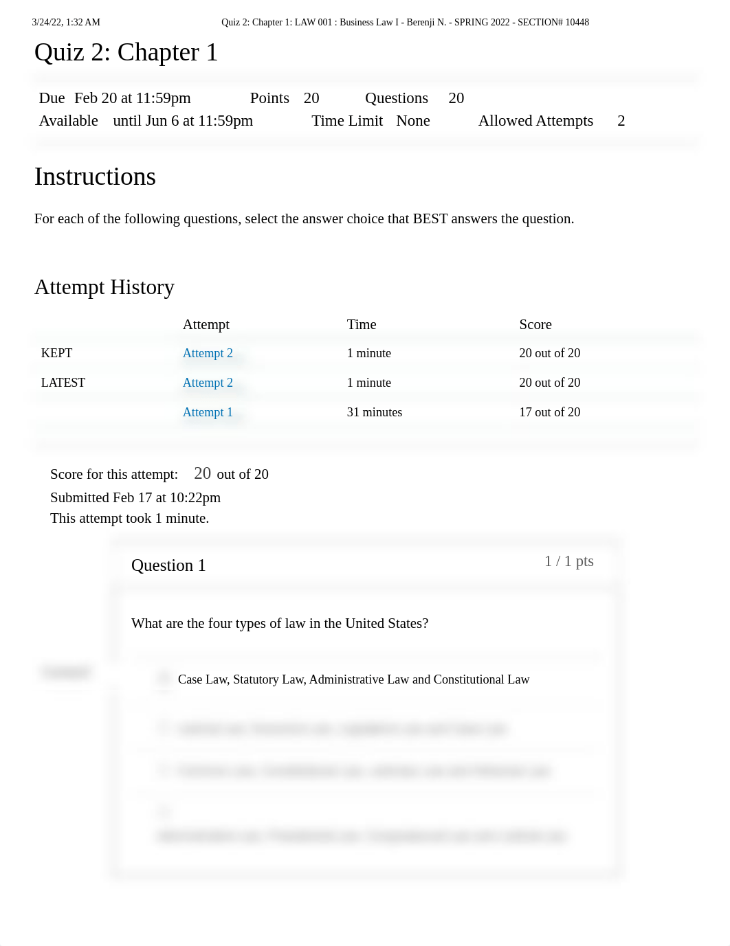 Quiz 2_ Chapter 1_ LAW 001 _ Business Law I - Berenji N. - SPRING 2022 - SECTION# 10448.pdf_dnuocitk4fq_page1