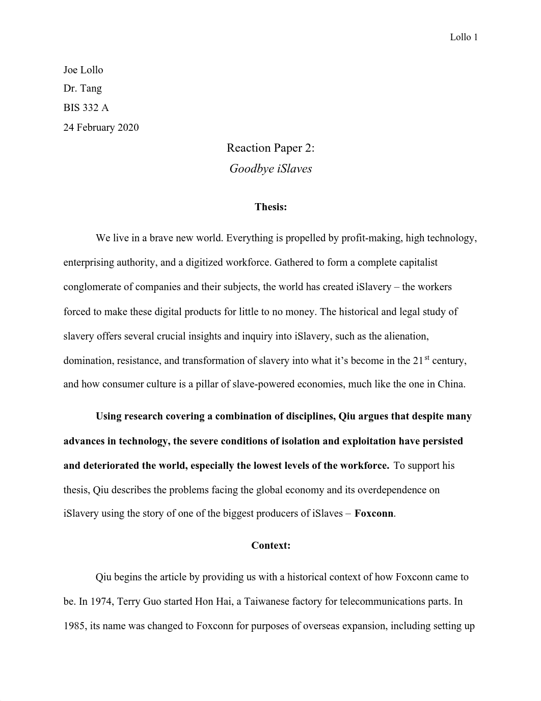 BIS 332 - Foxconn Reaction Essay.pdf_dnv1mjnpd4y_page1