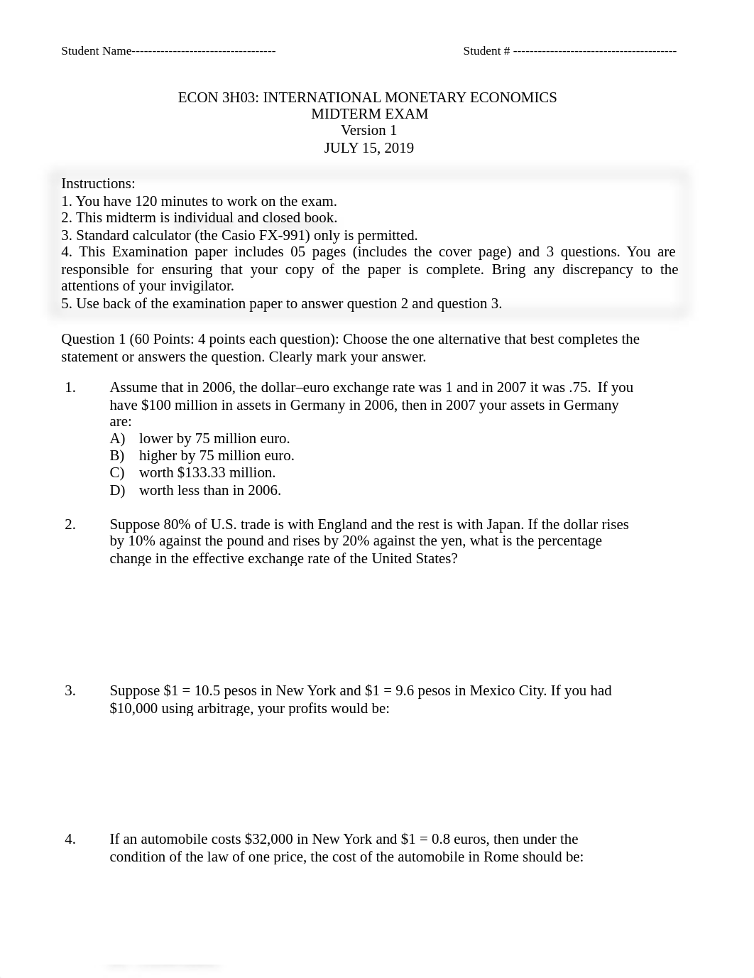 Econ 3H03 - Midterm Exam - July 2019 - V1 - Solution.pdf_dnvtj7t1kd9_page1