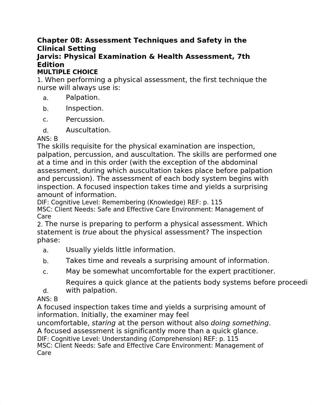 Jarvis Chapter 8 Assessment Techniques and Safety in the Clinical Setting Test Bank.docx_dnxa994e3ok_page1