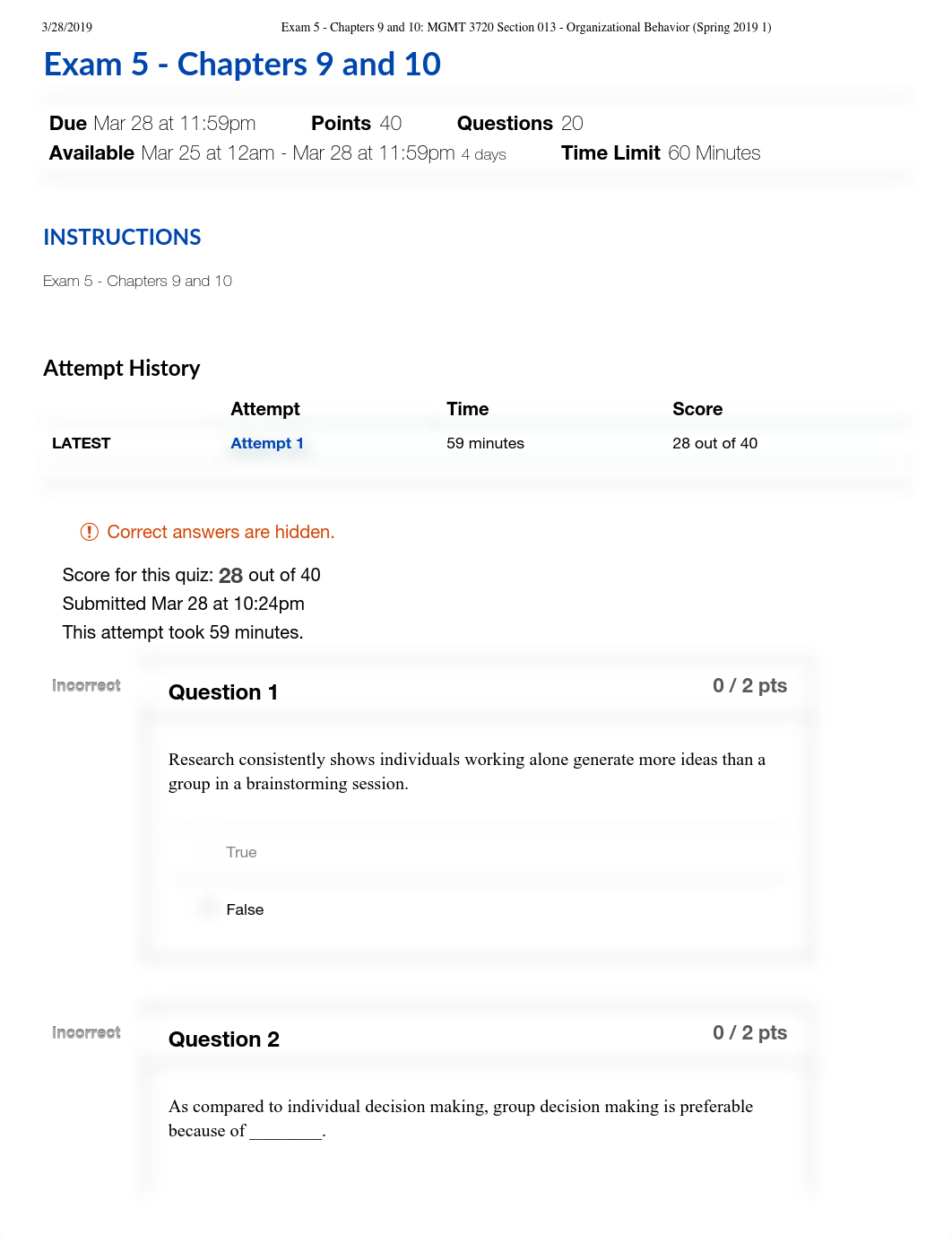 Exam 5 - Chapters 9 and 10_ MGMT 3720 Section 013 - Organizational Behavior (Spring 2019 1).pdf_do3bk4ozmtp_page1
