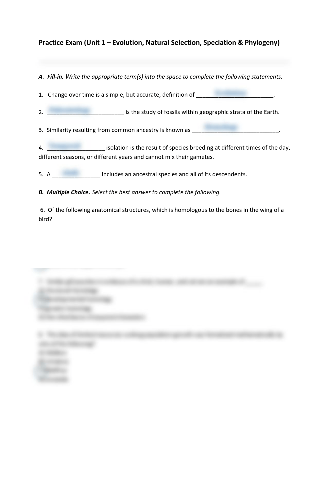 Practice Exam (Unit 1 â Evolution, Natural Selection, Speciation  Phylogeny).pdf_do8r3htrh9m_page1