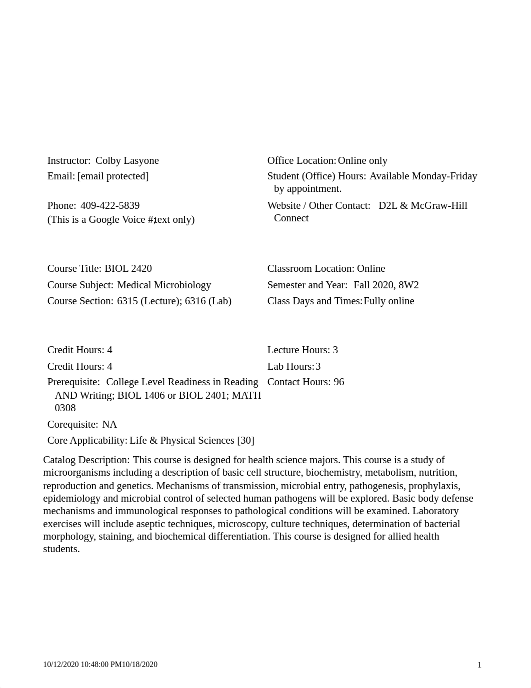 BIOL 2420_Colby Lasyone_Fall_ 2020_8W2_SYLLABUS (2).pdf_doaik890b9v_page1