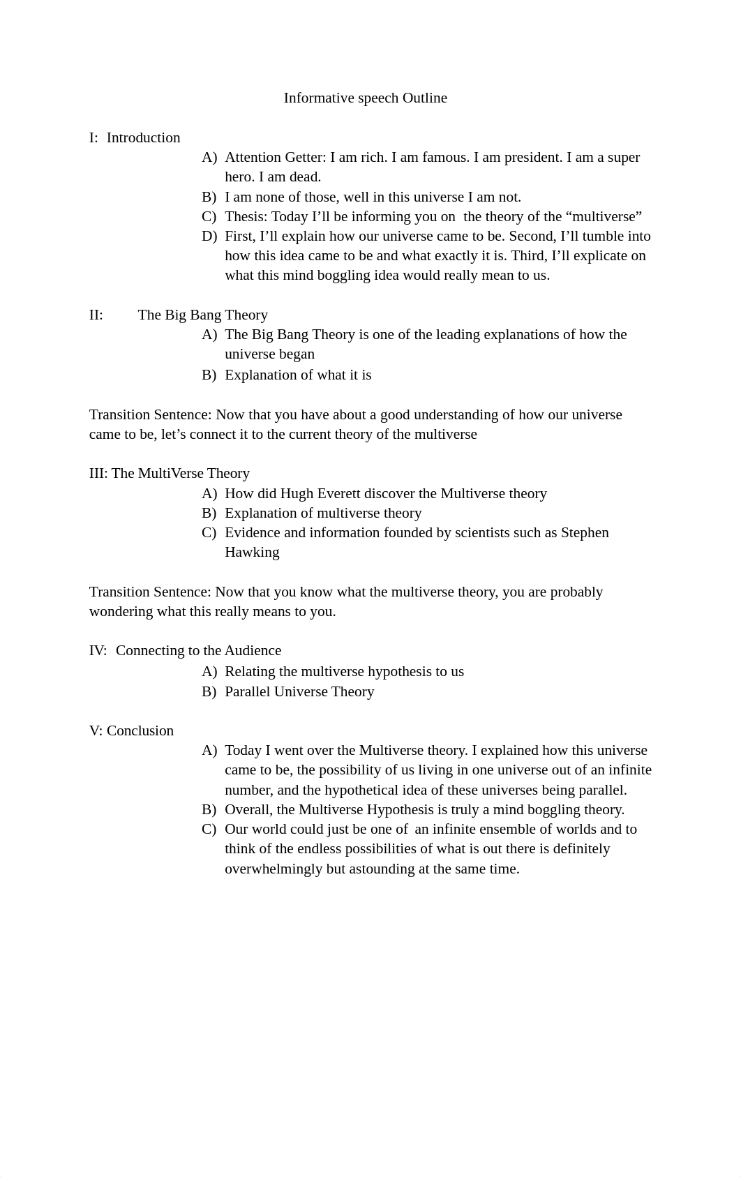 Informative Speech OutlineHANDOUTSInformative speech Outline ExampleThesis "Today I'll be informing_dobf9ky9ak3_page1