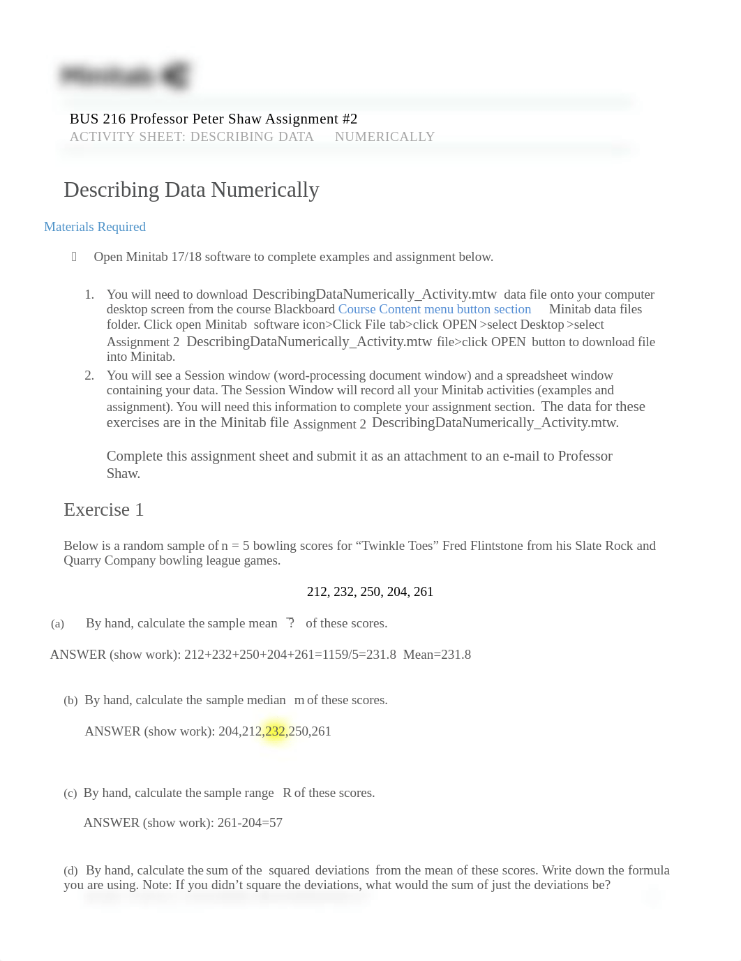 BUS 216 MINITAB Sample Mean Median Mode Variance Stadard Deviation Assignment 2.docx_doc2xniehjb_page1