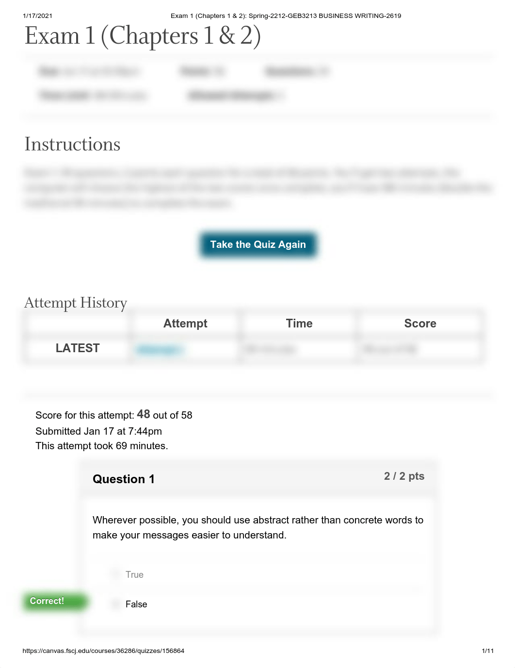 Exam 1 (Chapters 1 & 2)_ Spring-2212-GEB3213 BUSINESS WRITING-2619.pdf_dode590i8x3_page1