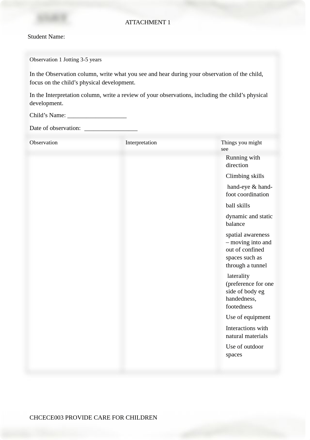 CHCECE003 Provide care for children attachment 1 Observation and  activity plan.docx_doe50ib9cq0_page1