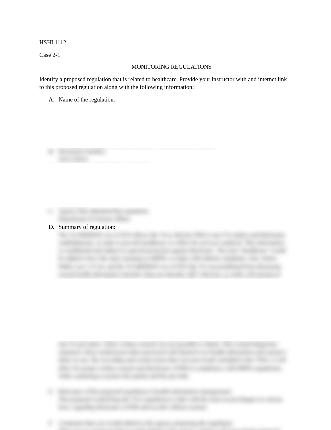 HSHI 1112 Case Study 2-1 Monitoring Regulations Affecting Healthcare.docx_doefaox5jkz_page1