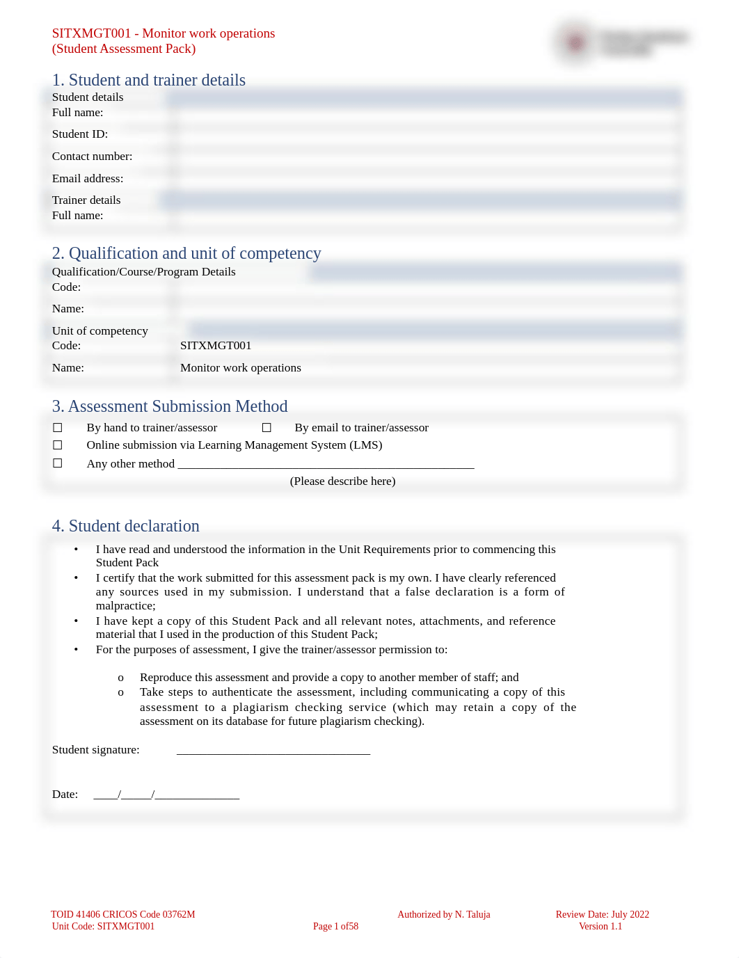 (Complete)SITXMGT001 Student Assessment Pack (1).docx_domh9utkyj4_page1