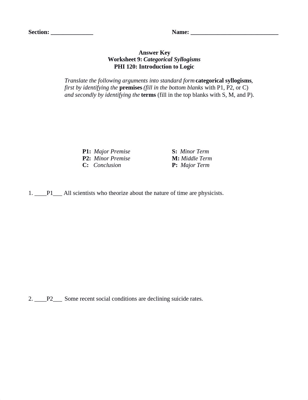 PHI 120 Intro to Logic - Worksheet 9 - Answer Key.docx_doowkceseoc_page1