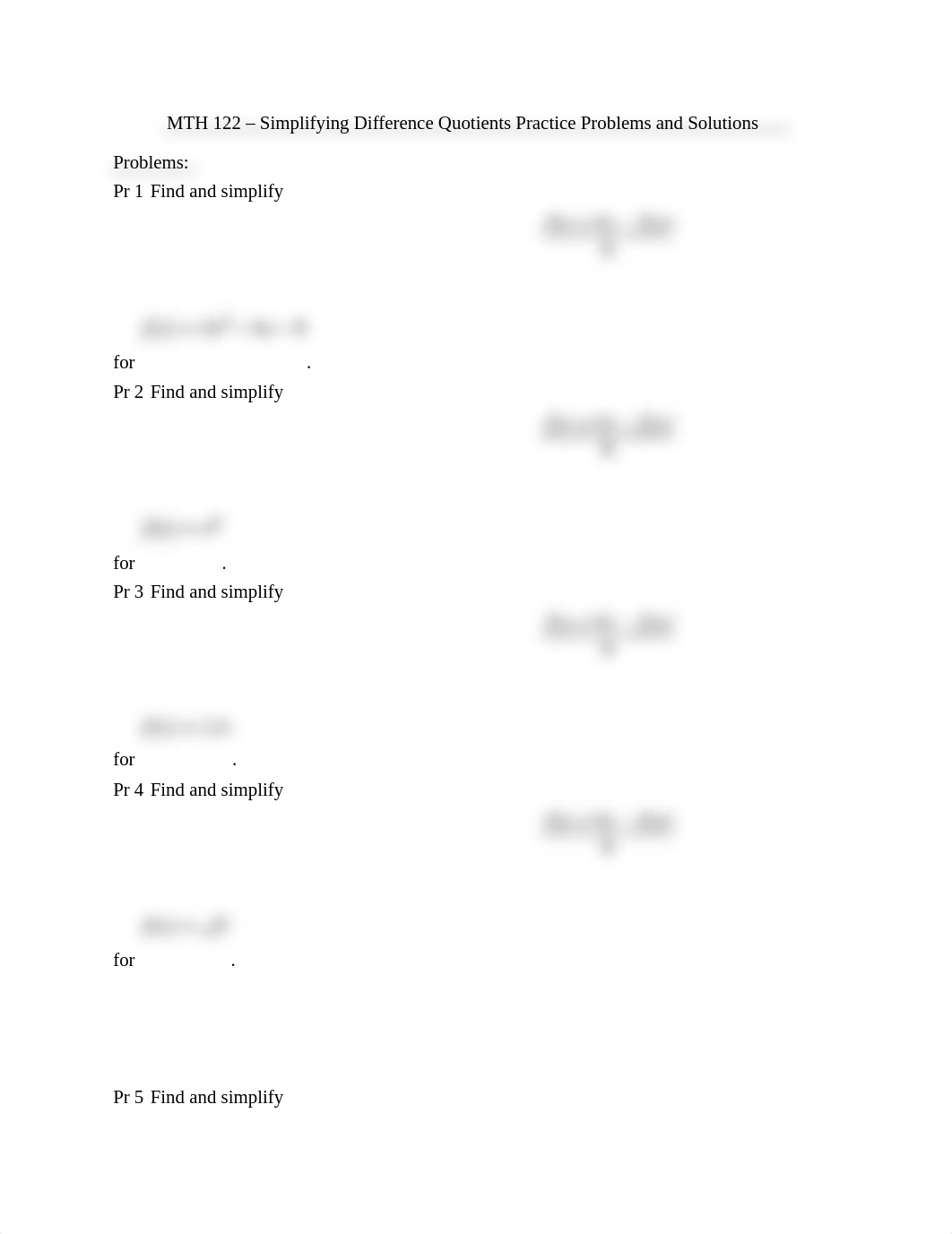 MTH 122 - Simplifying Difference Quotients Practice Problems and Solutions_doq5p2s4km6_page1