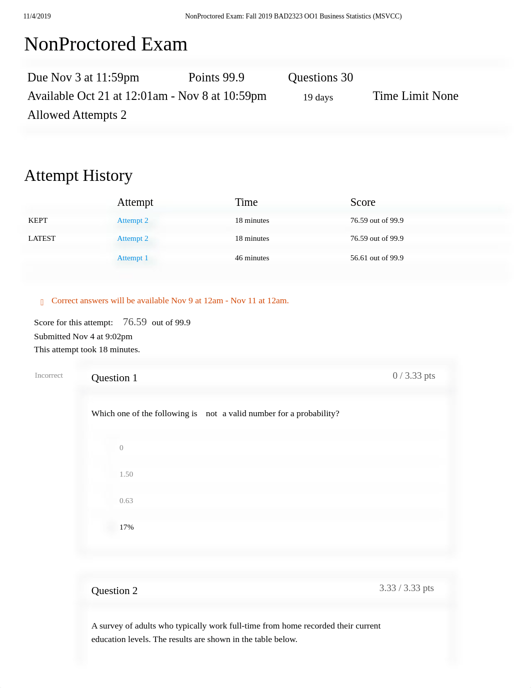 NonProctored Exam_ Fall 2019 BAD2323 OO1 Business Statistics (MSVCC) better grade.pdf_dortuucz0ug_page1