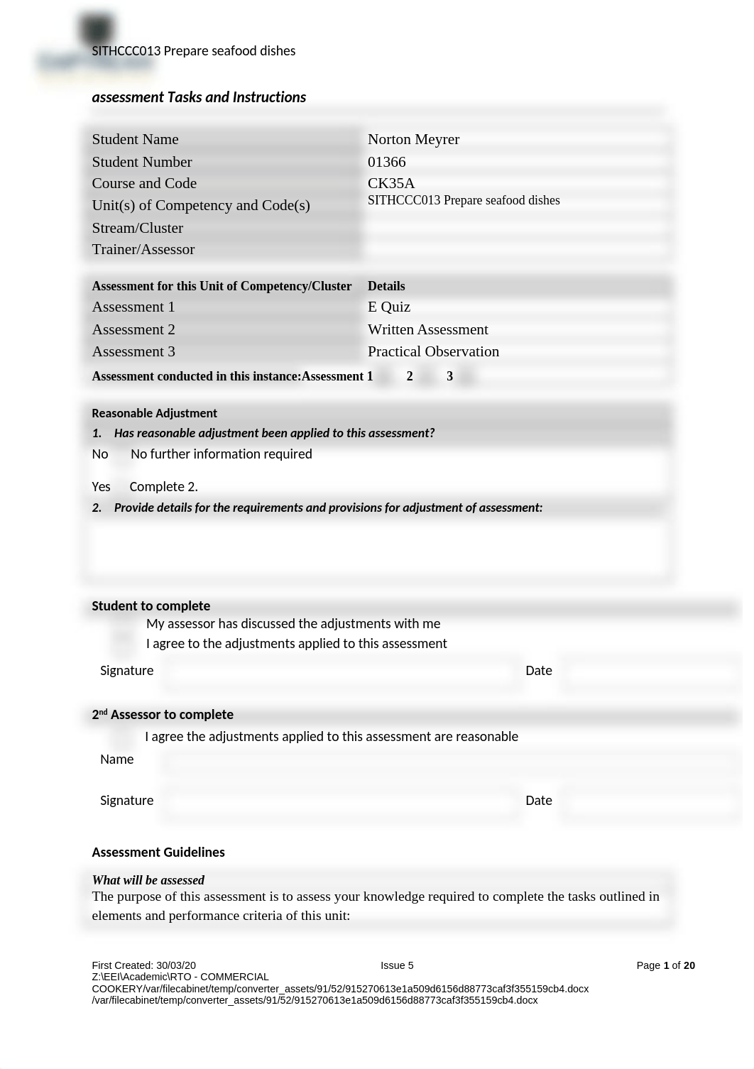 Assessment 2_SITHCCC013 Written Assessment A Prepare Seafood Dishes. EEI V1.docx_dotcduwycdp_page1