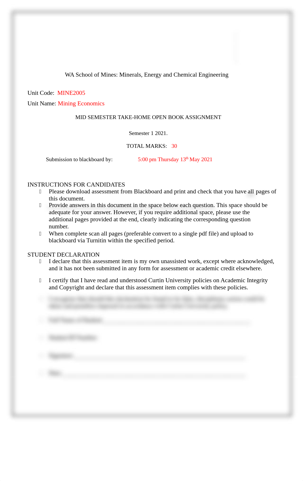 MINE2005 Mine Economics Assigment 2 (2).pdf_dozknzp3v16_page1