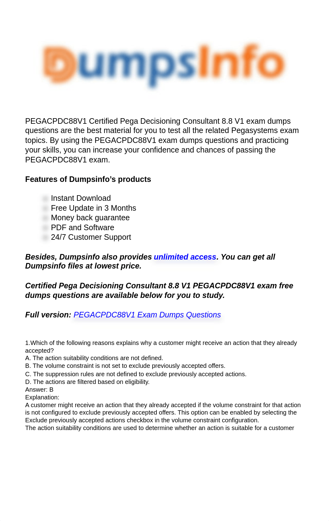 Dumpsinfo PEGACPDC88V1 Certified Pega Decisioning Consultant 8.8 V1 Dumps.pdf_dozysxjvdnz_page1