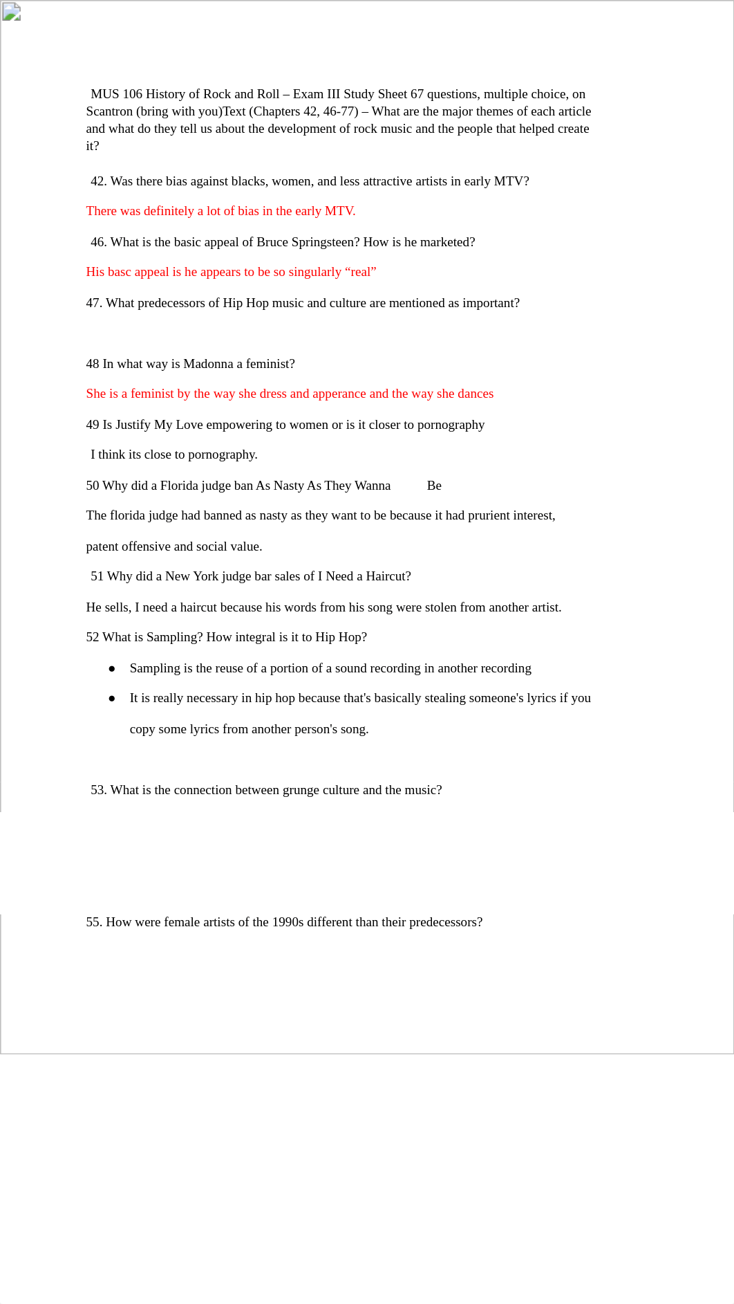 MUS 106 History of Rock and Roll - Exam III Study Sheet 67 questions, multiple choice, on Scantron (_dp4dps2tp7m_page1