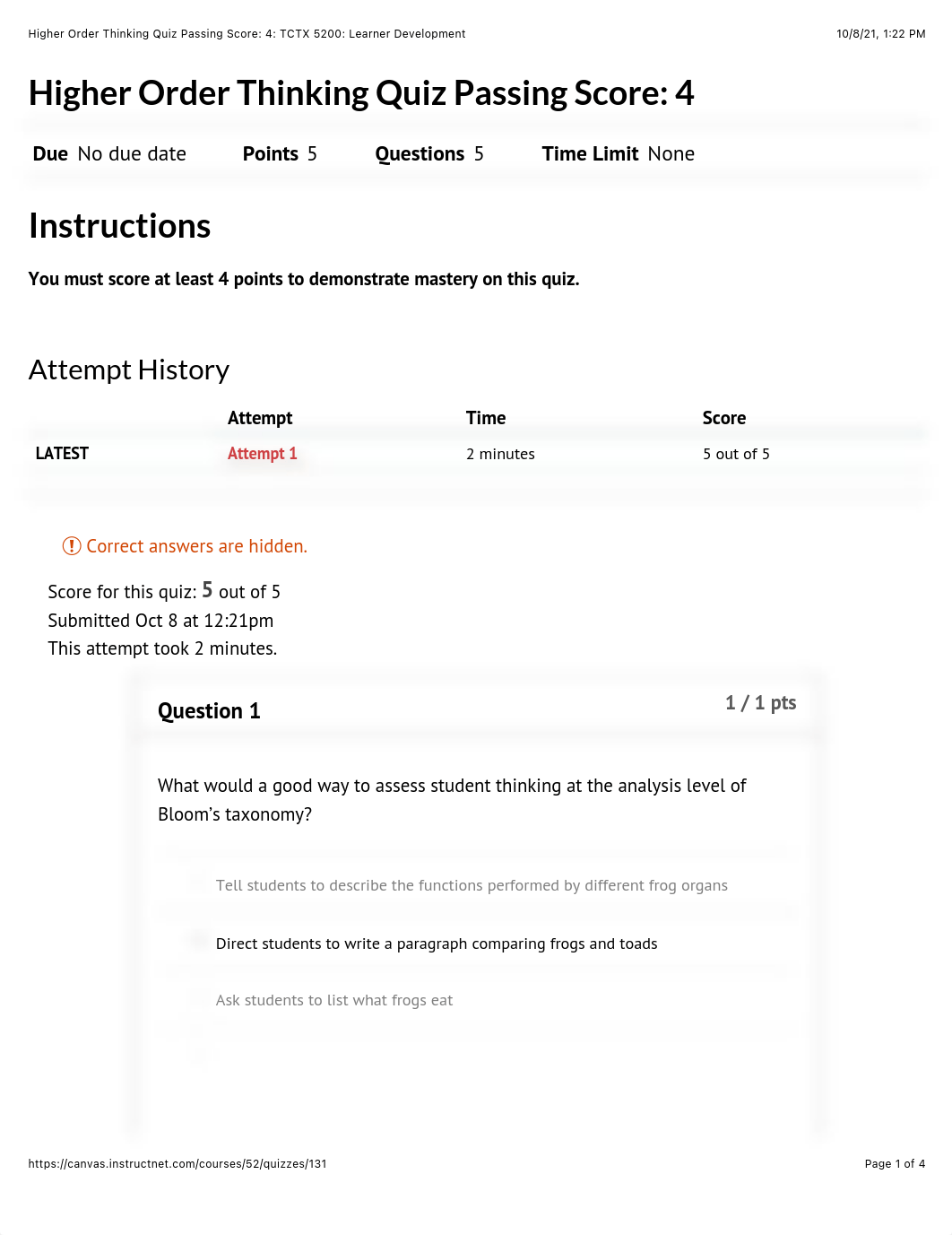 Higher Order Thinking Quiz Passing Score: 4: TCTX 5200: Learner Development.pdf_dp4qbw64drv_page1