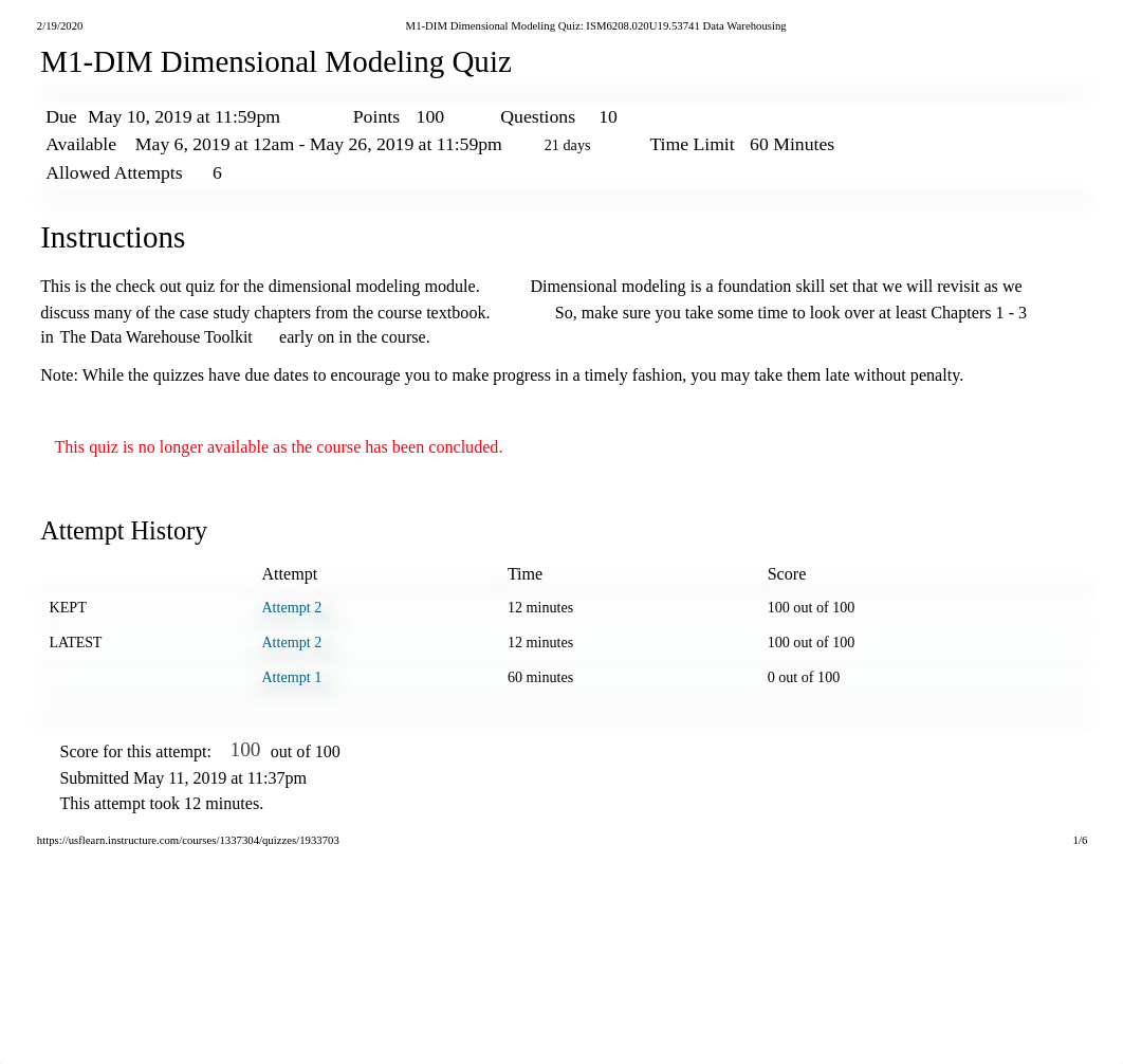 M1-DIM Dimensional Modeling Quiz_ ISM6208.020U19.53741 Data Warehousing.pdf_dp4ubryq2l7_page1