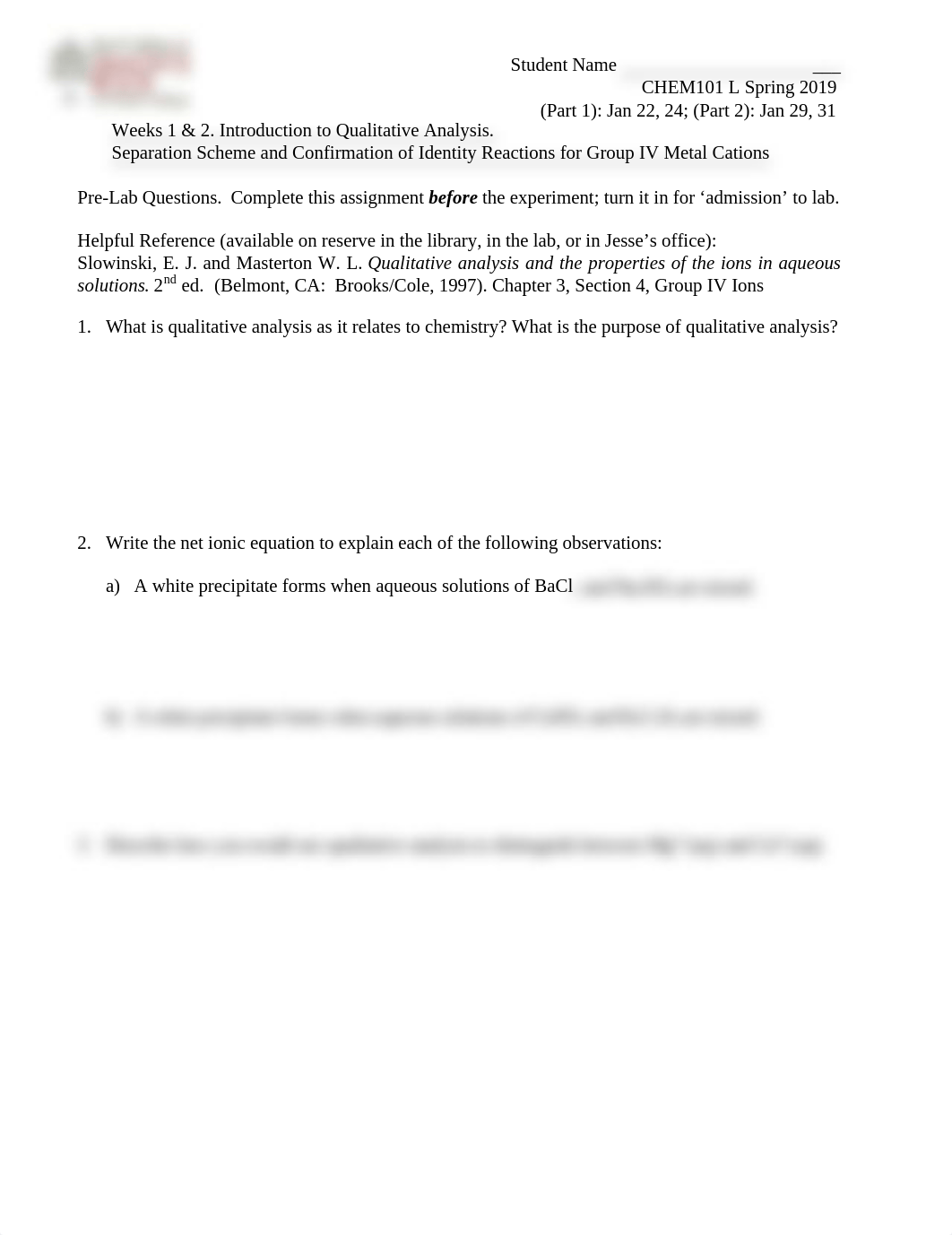 Spring 2019 CHEM 101 Lab 1 and 2 - Group IV Ions - Pre-lab Questions.pdf_dp8y77hn7lr_page1