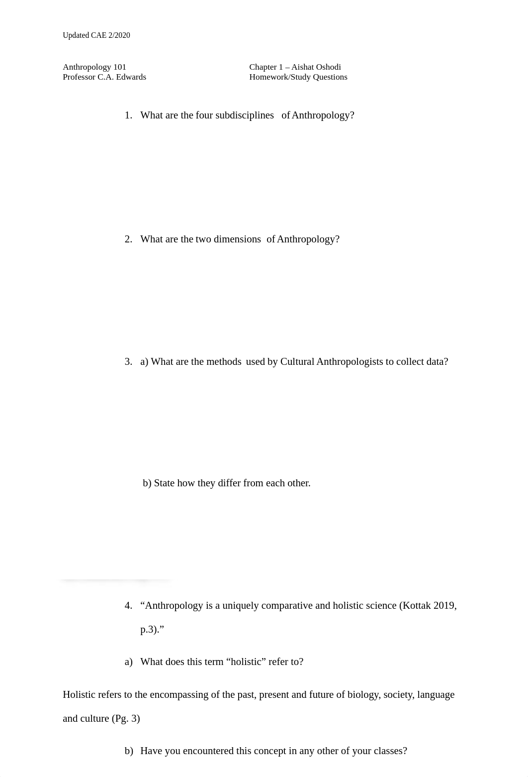 Anthro Chapter 1 Study Questions Updated Spring 2020-1 - Aishat Oshodi.docx_dp9sggdc4o8_page1