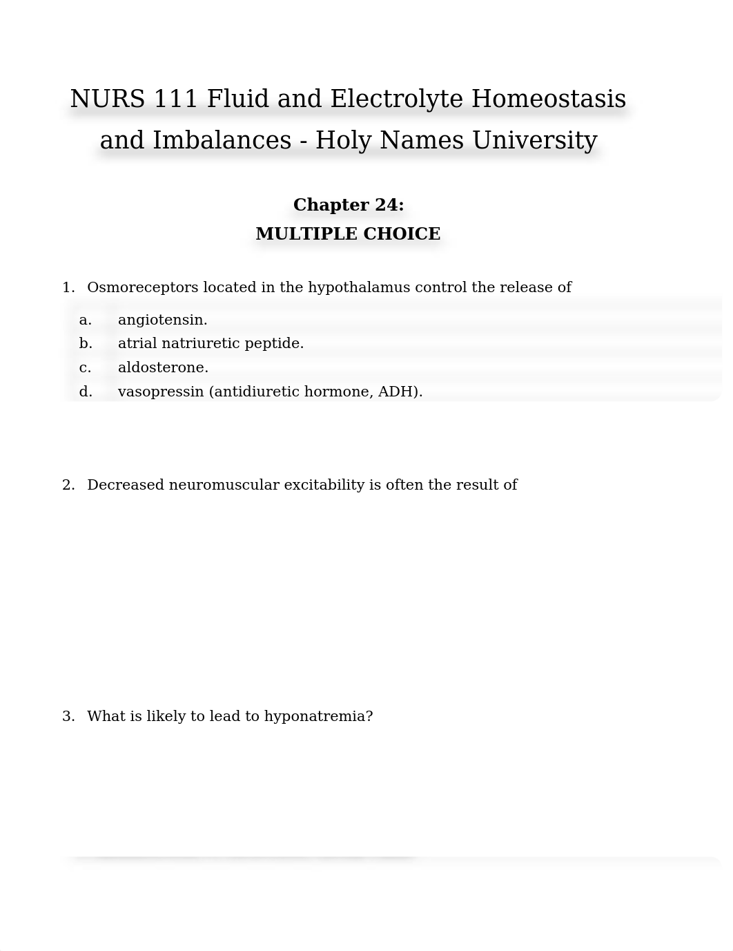 NURS 111 Fluid and Electrolyte Homeostasis and Imbalances - Holy Names University.docx_dpa58muyomg_page1