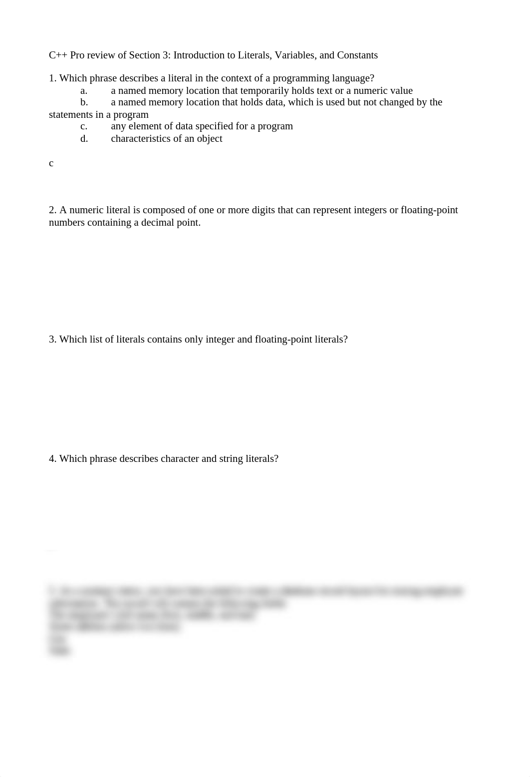 pro guide c++ intro to literals, variables, and constants (study guide, quiz prep sheet) pt I.odt_dpavd4yn9ks_page1