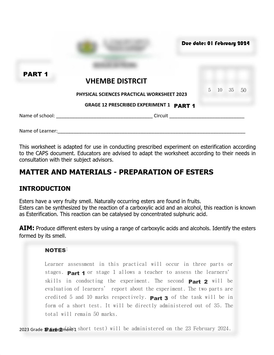 Vhembe West 2024 Physical Sciences Grade 12 Experiment 1 ( Esterification  worksheet).pdf_dpc2ocw794g_page1