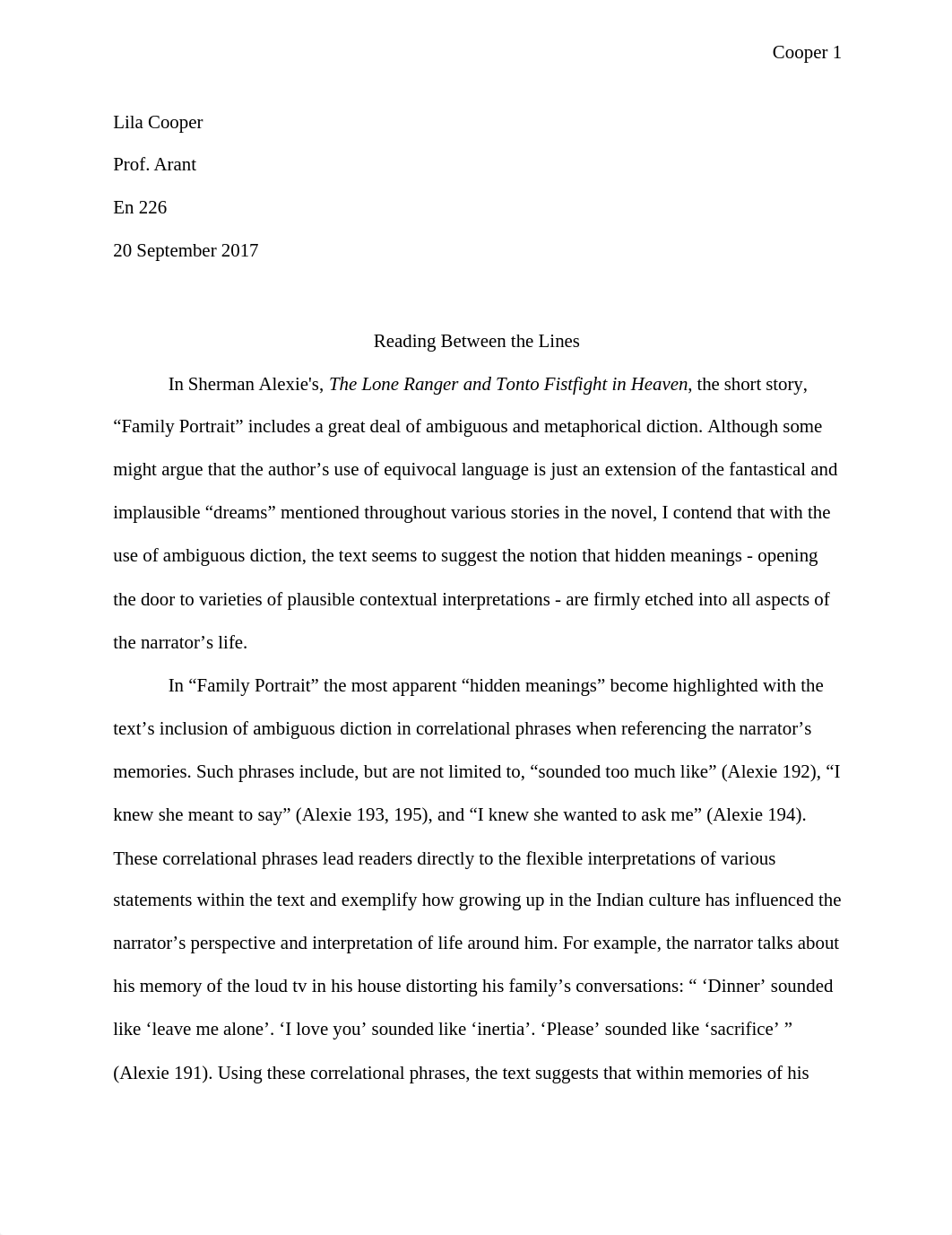 Essay on Sherman Alexie's "The Lone Ranger and Tonto Fistfight in Heaven" : Reading Between the Line_dpehzc992pn_page1