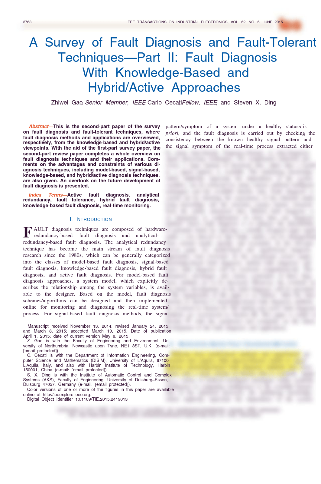 TIE 2015-62-6 A survey of fault diagnosis and fault-tolerant techniques-PARTII--fault diagnosis with_dpfndar6677_page1