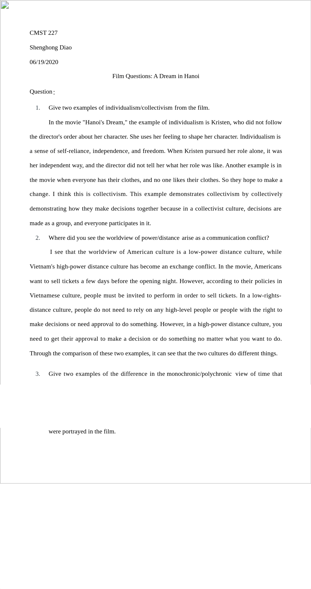 Shenghong Diao Film Questions: A Dream in Hanoi .docx_dpj02xcb4bn_page1