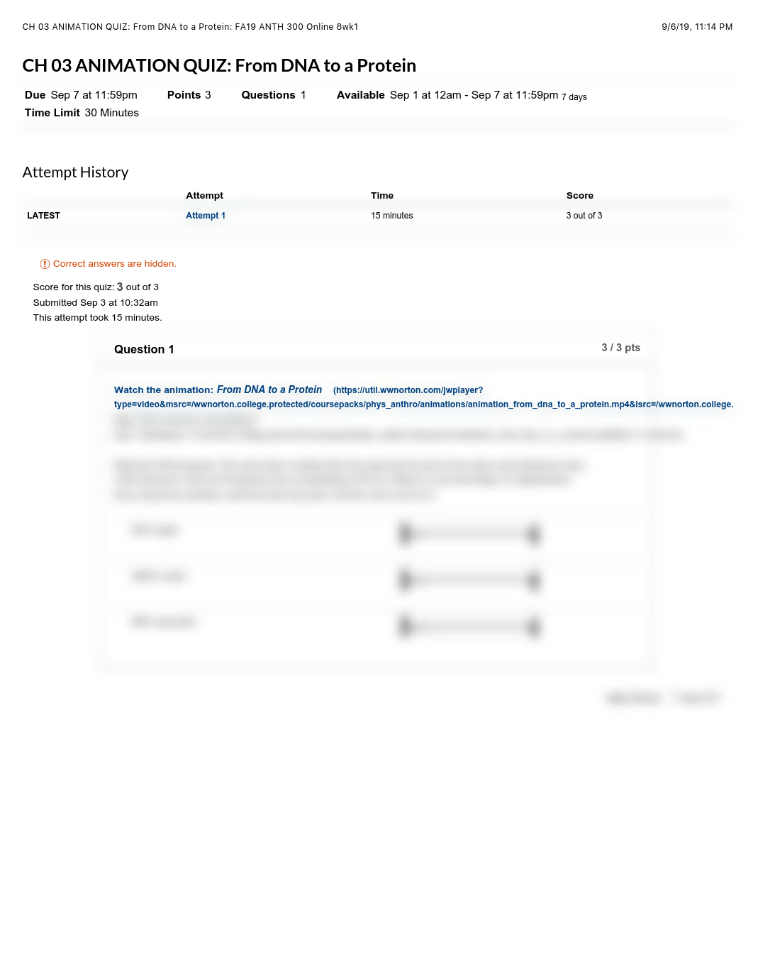 CH 03 ANIMATION QUIZ: From DNA to a Protein: FA19 ANTH 300 Online 8wk1.pdf_dpkf83cr3y1_page1