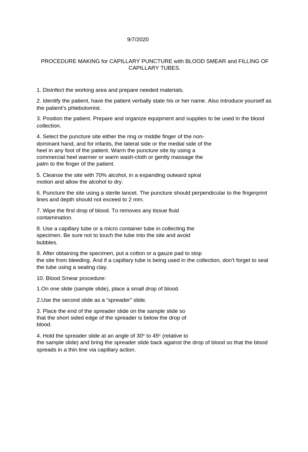 PROCEDURE MAKING for CAPILLARY PUNCTURE with BLOOD SMEAR and FILLING OF CAPILLARY TUBES..docx_dpkg1ldja0t_page1