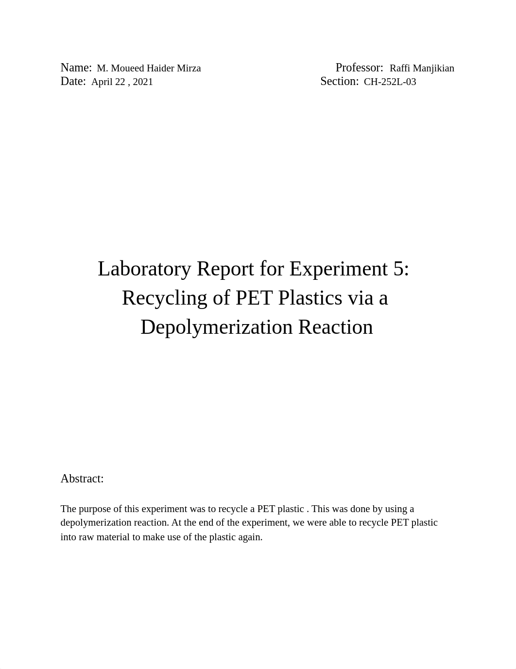 Lab report 5 - Recycling of PET plastics.pdf_dplclfv96x2_page1