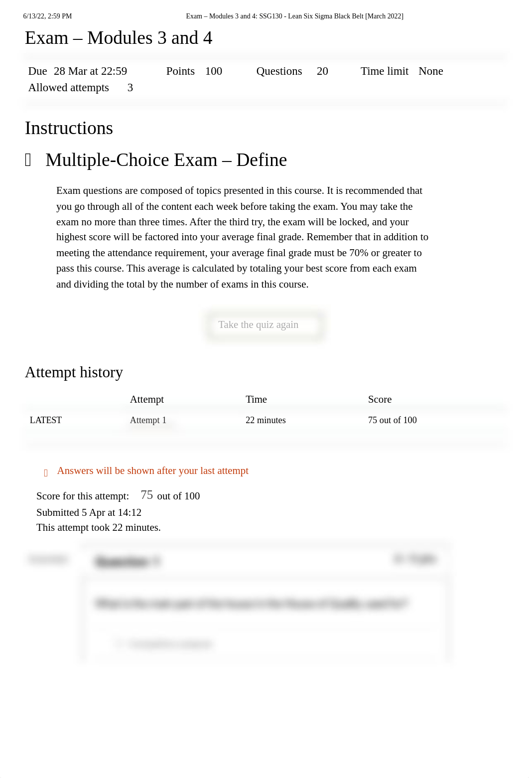 Exam - Modules 3 and 4_ SSG130 - Lean Six Sigma Black Belt [March 2022].pdf_dpm77lgvw4b_page1