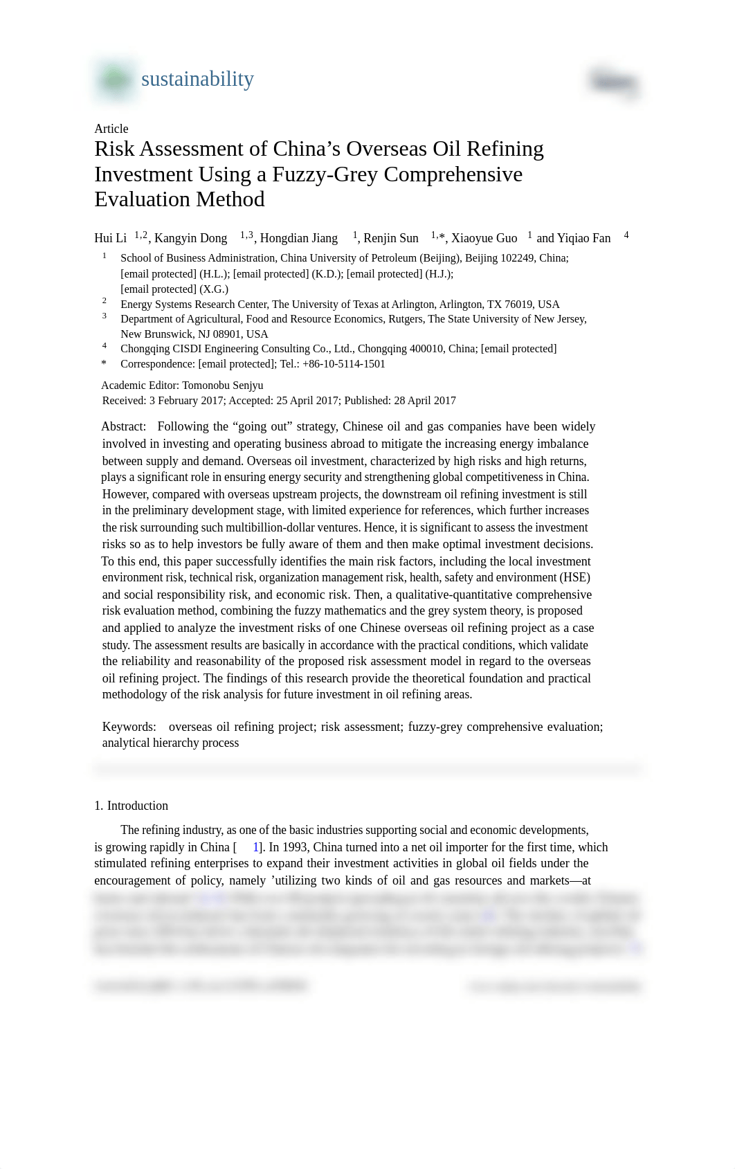 Risk Assessment of China's Overseas Oil Refining Investment Using a Fuzzy-Grey Comprehensive Evaluat_dpmel2d633d_page1