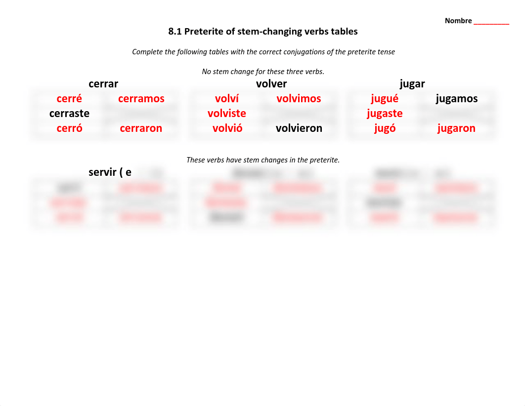 Worksheet 8.1 Preterite stem changing verbs tables-ANSWERS.pdf_dps552ad1e6_page1