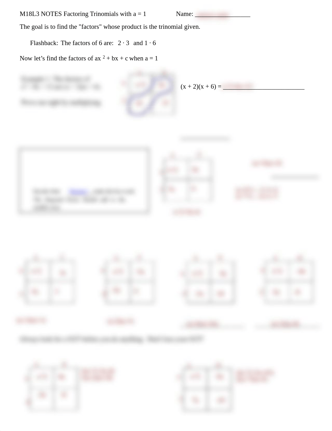 Misree Saini - M18L3 STUDENT NOTES Factoring Trinomials when a is 1 Box (Area) Method.pdf_dpsinmfwe6q_page1