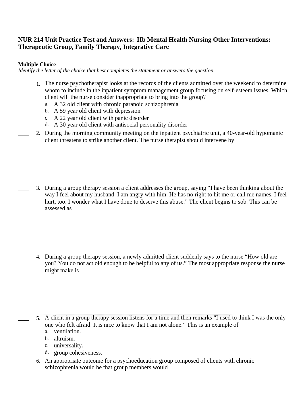 NUR 214 Mental Health Unit IIb Practice Test and Answers 42 questions  - Revised 2020.docx_dpt5p08u2za_page1