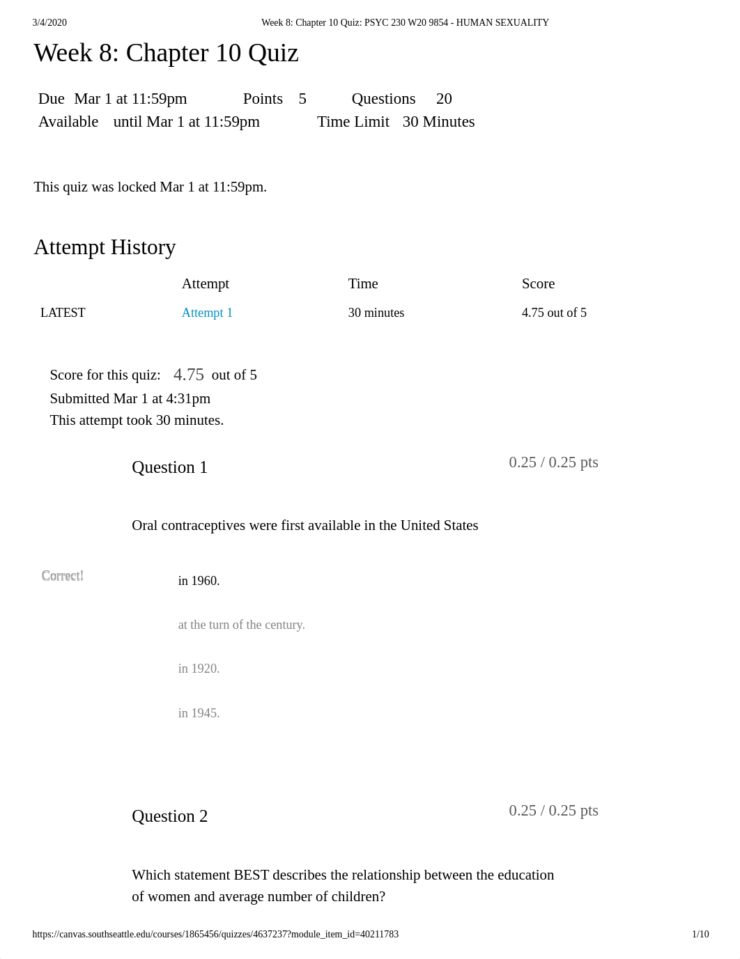 Week 8_ Chapter 10 Quiz_ PSYC 230 W20 9854 - HUMAN SEXUALITY.pdf_dptfl8sq97f_page1