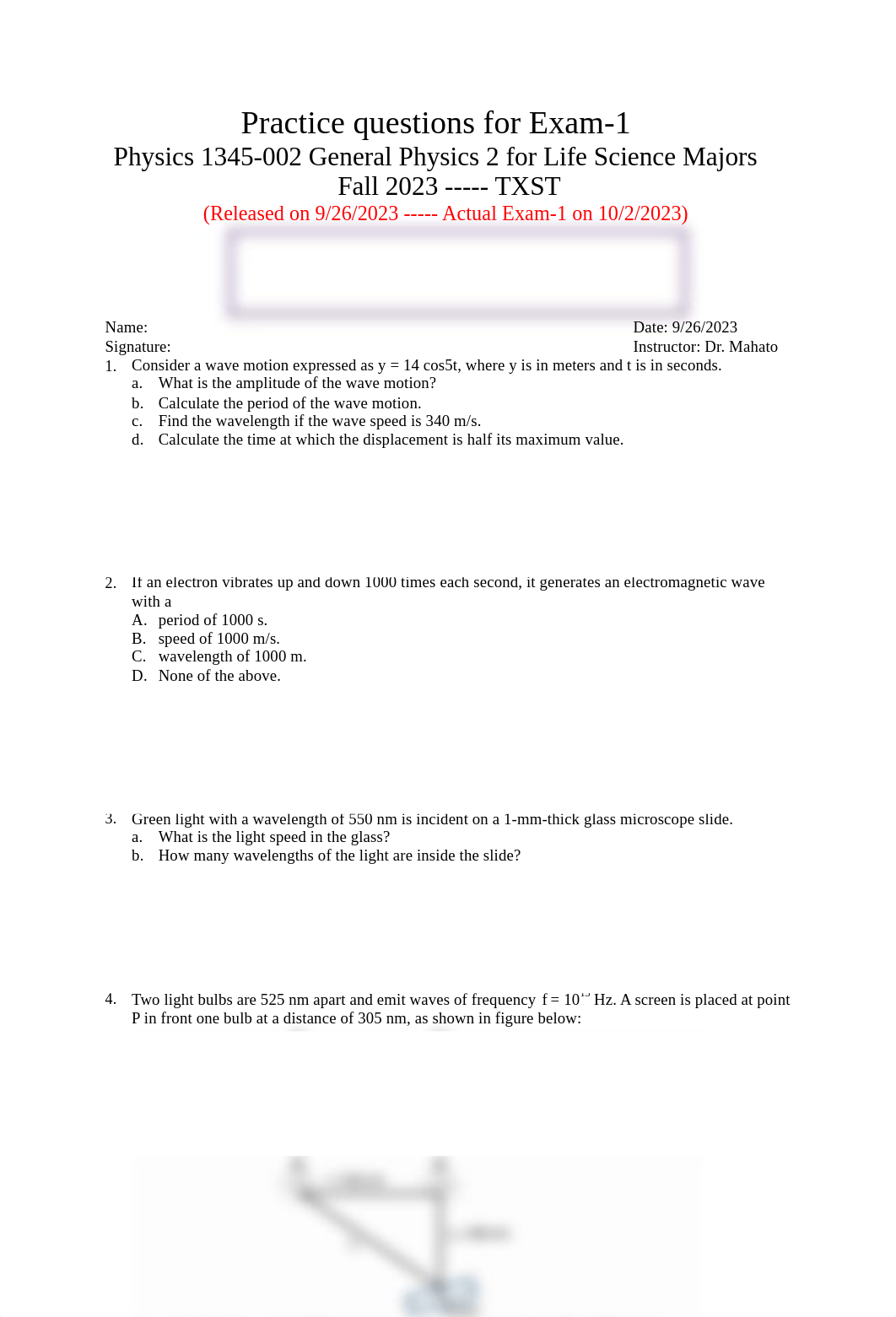 Practice problems for exam-1_PHYS 1345-002_Fall2023.pdf_dpzf7gzrpit_page1