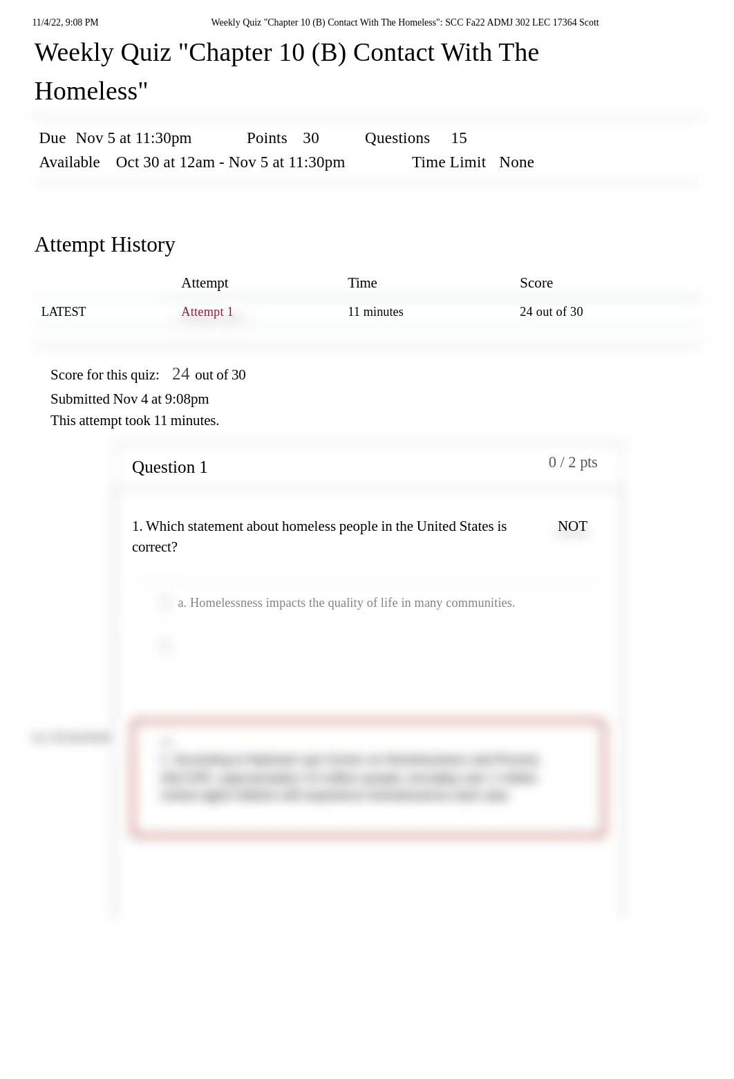 Weekly Quiz _Chapter 10 (B) Contact With The Homeless__ SCC Fa22 ADMJ 302 LEC 17364 Scott.pdf_dpzygtzufo5_page1