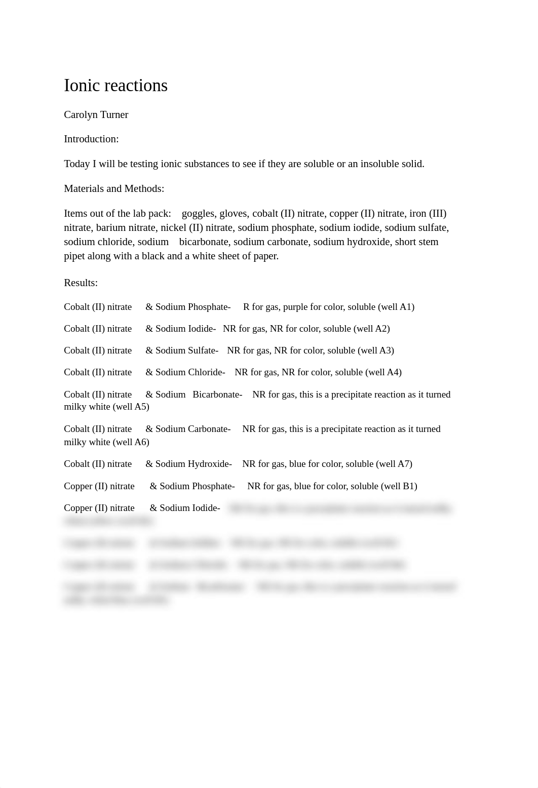 CHM_166_001_ML_ Carolyn Turner _General Chemistry_Ionic Reactions Lab Report_dq1awr04pfr_page1